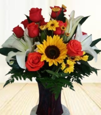 Sunflowers with Rose, Lily and Yellow Mums